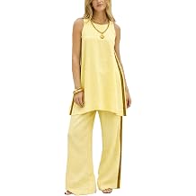 Hooever Womens Linen 2 Piece Set Sleeveless Tunic Top with Stripe and High Waisted Wide Leg Pants Vacation Beach Outfits