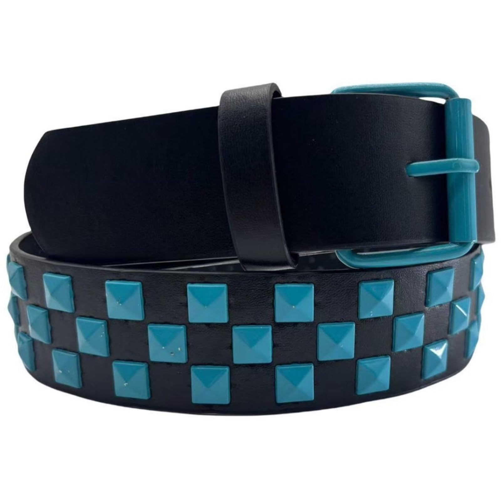 AGUTALITHIC Women Punk Rock Studded Belt Candy Color Goth Pyramid Four-Jaw Square Rivets PU-Leather Strap with Roller Buckle(105cm/41, Blue)