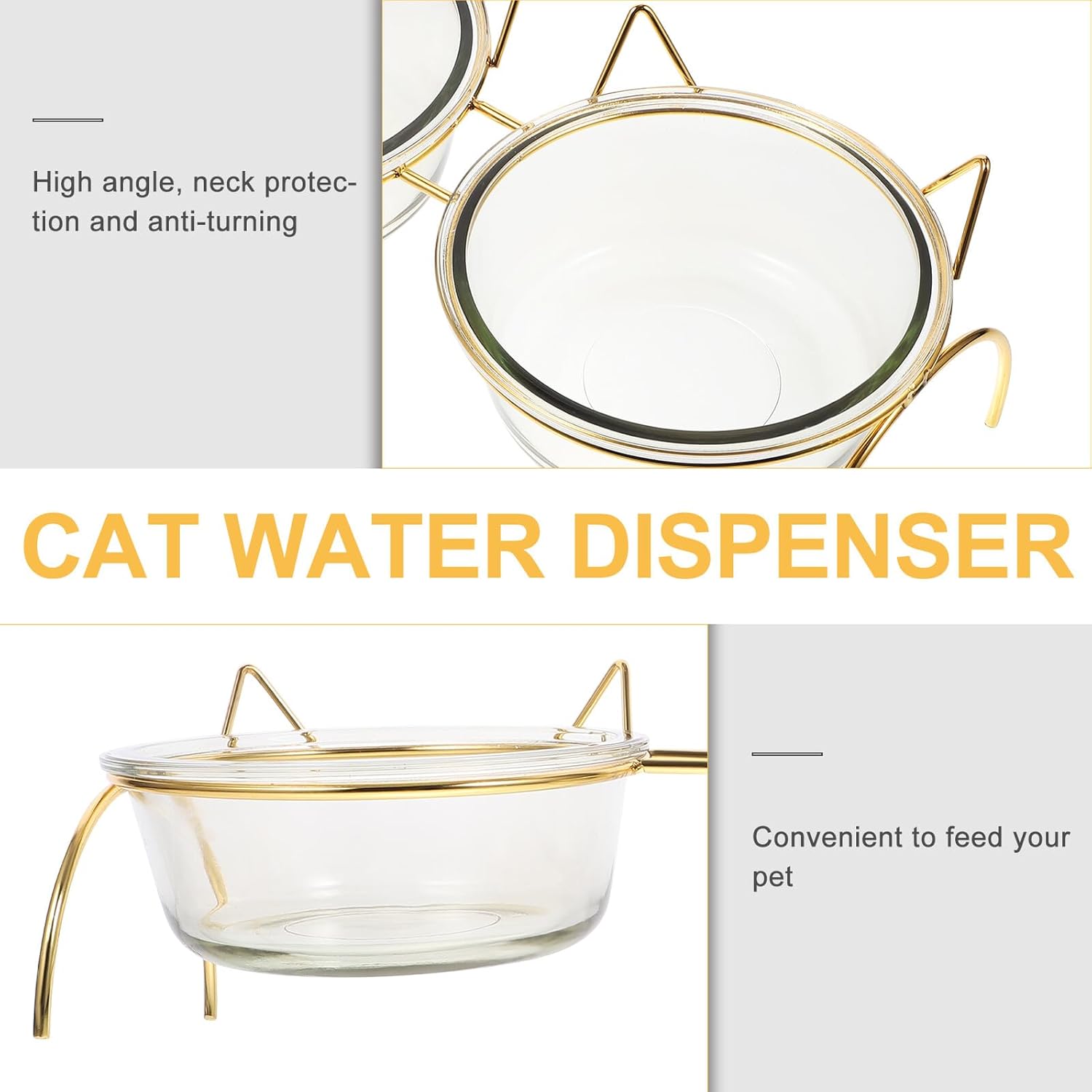 Lurrose Elevated Glass Cat Feeding Bowl with Neck Protection Tilted Double Bowls Iron Stand for Indoor Pets Anti-Spill Design Reduces Food Waste and Ensures Comfortable Dining Experience