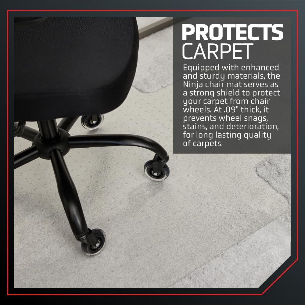 NINJA Easy Glide Office Chair Mat for Carpet Floors, Strong Slip Resistant Under Desk Floor Protector, Stay in Place Plastic Computer Mats for Rolling Work and Gaming Chairs, 32.5x48 Inch, Clear Lip