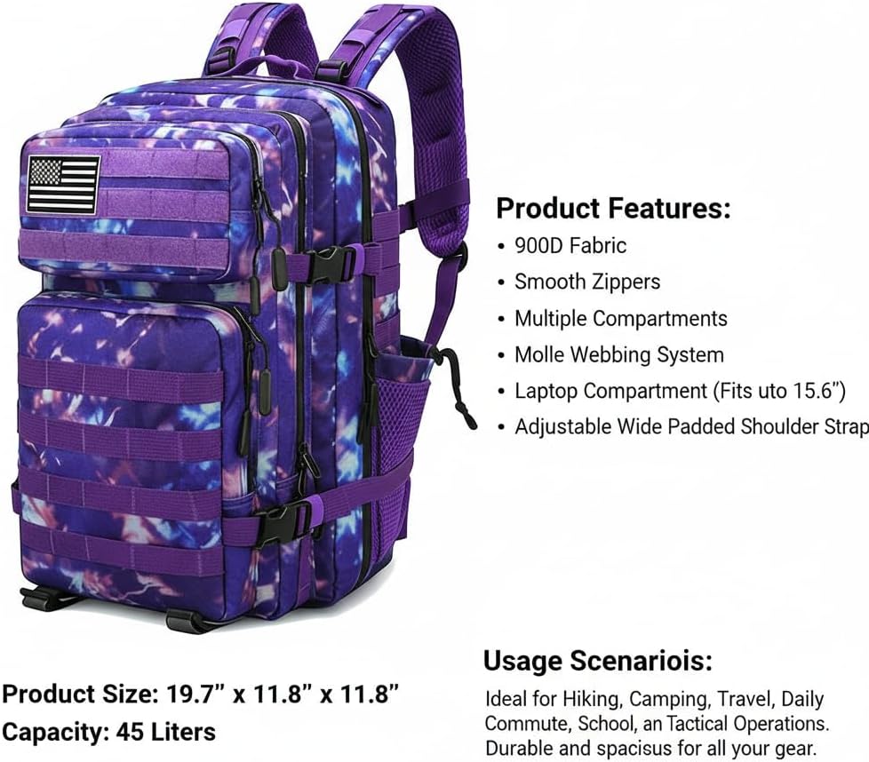 Military Tactical Backpack 55L Army Backpack Bug Out Bag Assault pack Molle Daypack Hiking Trekking Rucksack (Black 1.0)