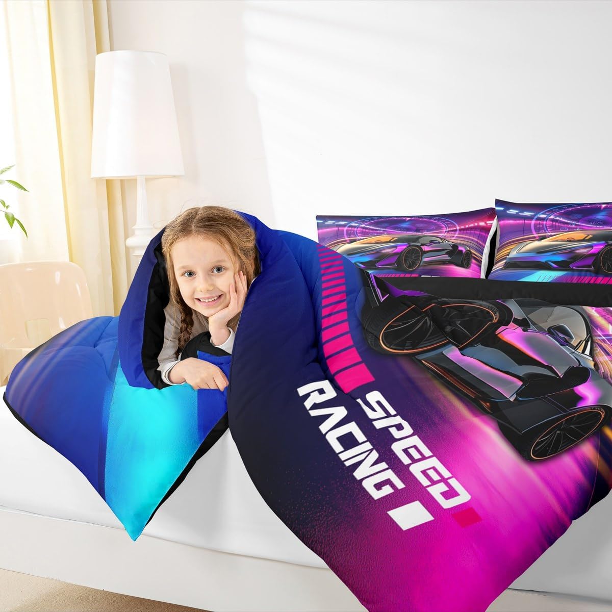 Boys Racing Car Comforter Set,Cool Speed Race Car Bedding Set Queen Size for Kids Boys Girl Teens Bedroom,Blue Purple Speed Dashboard Sports Cars Down Comforter,Automobile Extreme Sport Quilted Duvet