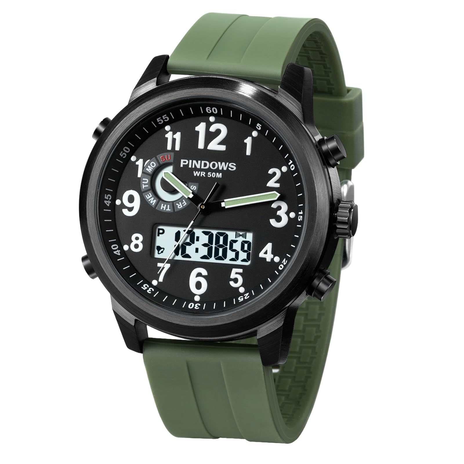 PINDOWS Herrenuhren, bis 30 m wasserdicht, militärische Digitale Analoguhr, Outdoor-Sportuhr, multifunktionale Lederarmbanduhr mit Dualzeit, LED-Hintergrundbeleuchtung, Alarm, Stoppuhr und Kalender