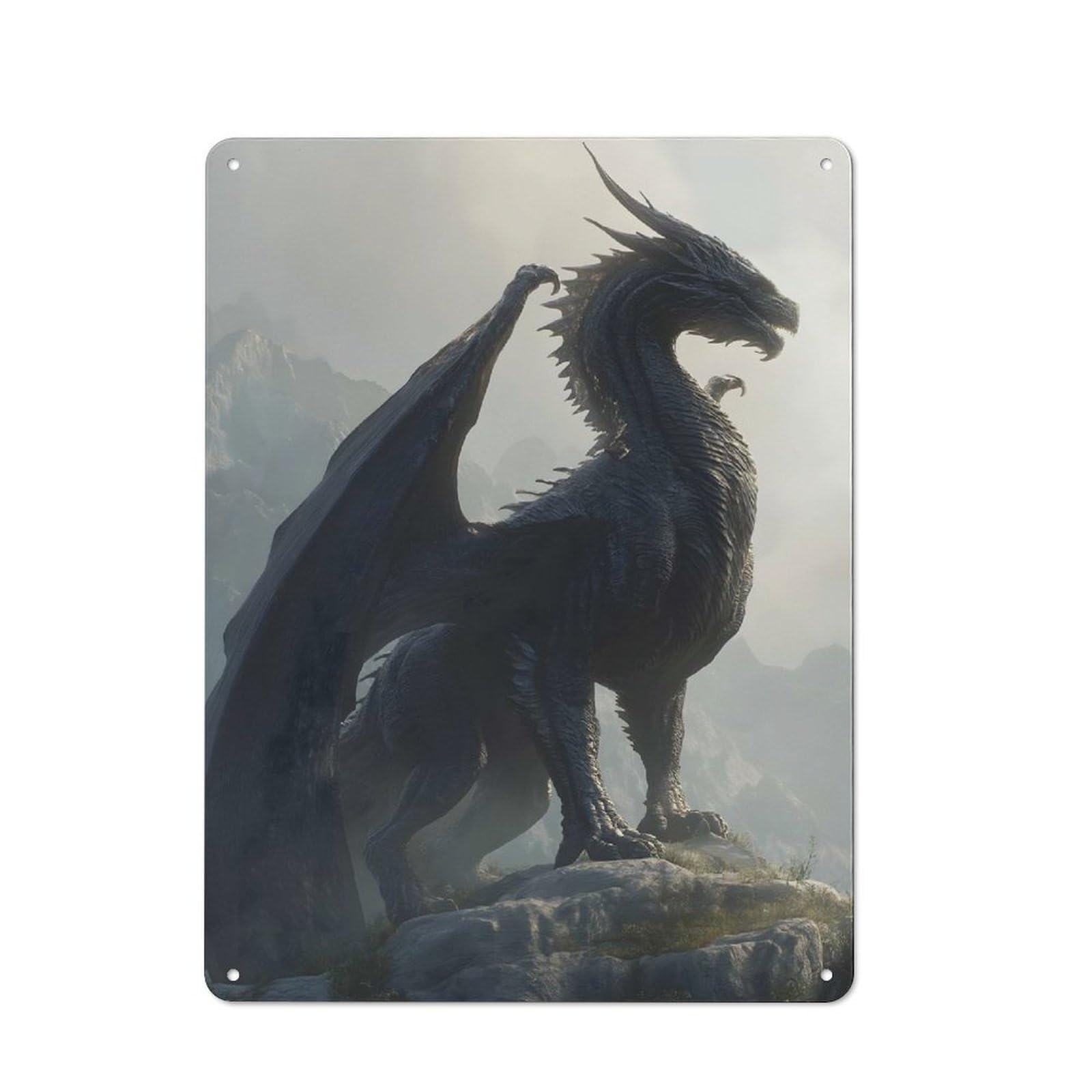 Junmoney Style-18 Tin Wall Plaque 40X30cm With Majestic Dragon Perched On Mountain Peak For Café Or Restaurant, Suited To Restaurant Decor Fans