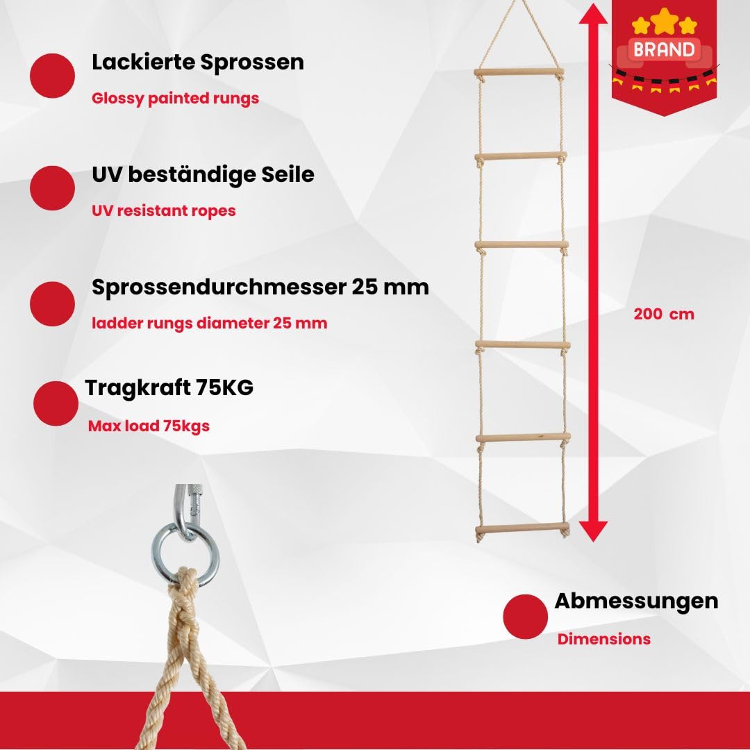 GICO Escalera de Cuerda Estable para niños de Madera con 6 peldaños, Capacidad de Carga de 75 kg, Producto de Calidad de emwe 22071