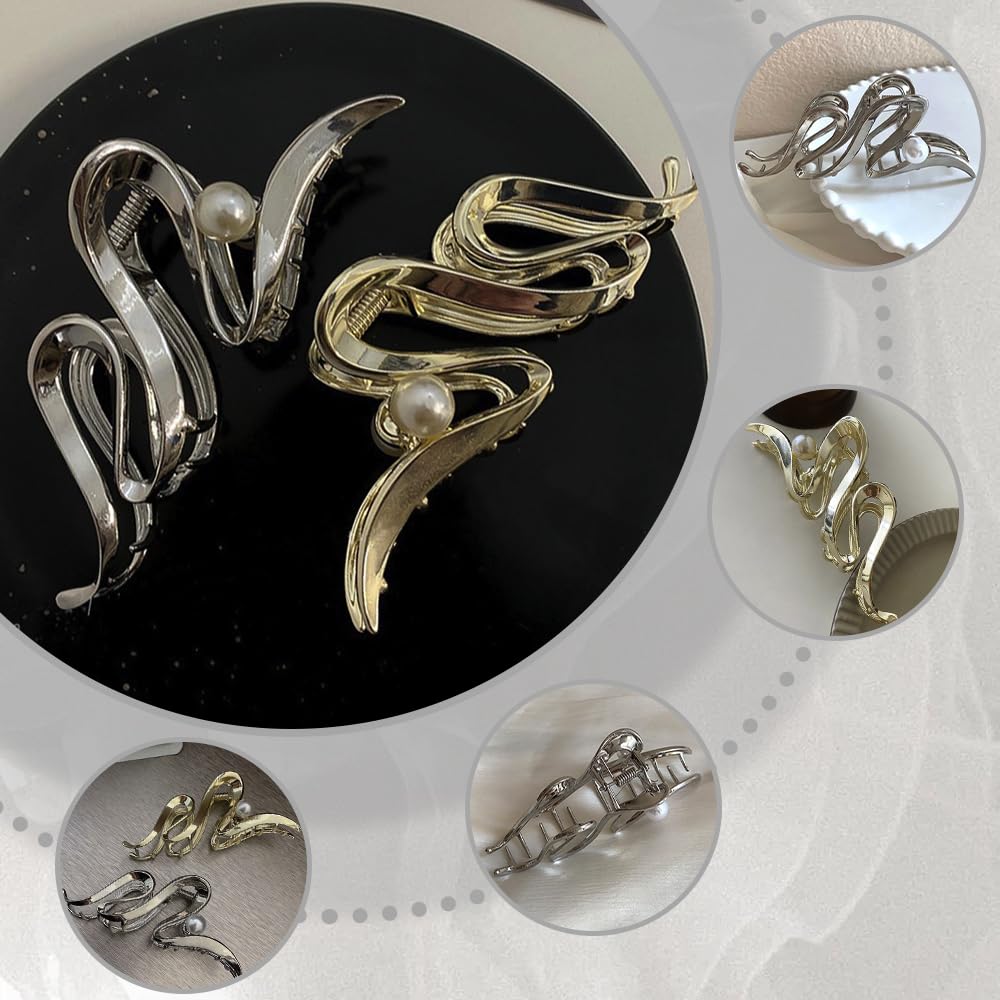2 PCS Large Hair Clips Non-slip Claw Clips Metal Pearl Hair Grips Silver Gold Strong Hold Hair Accessories for Women Girls - Image 4