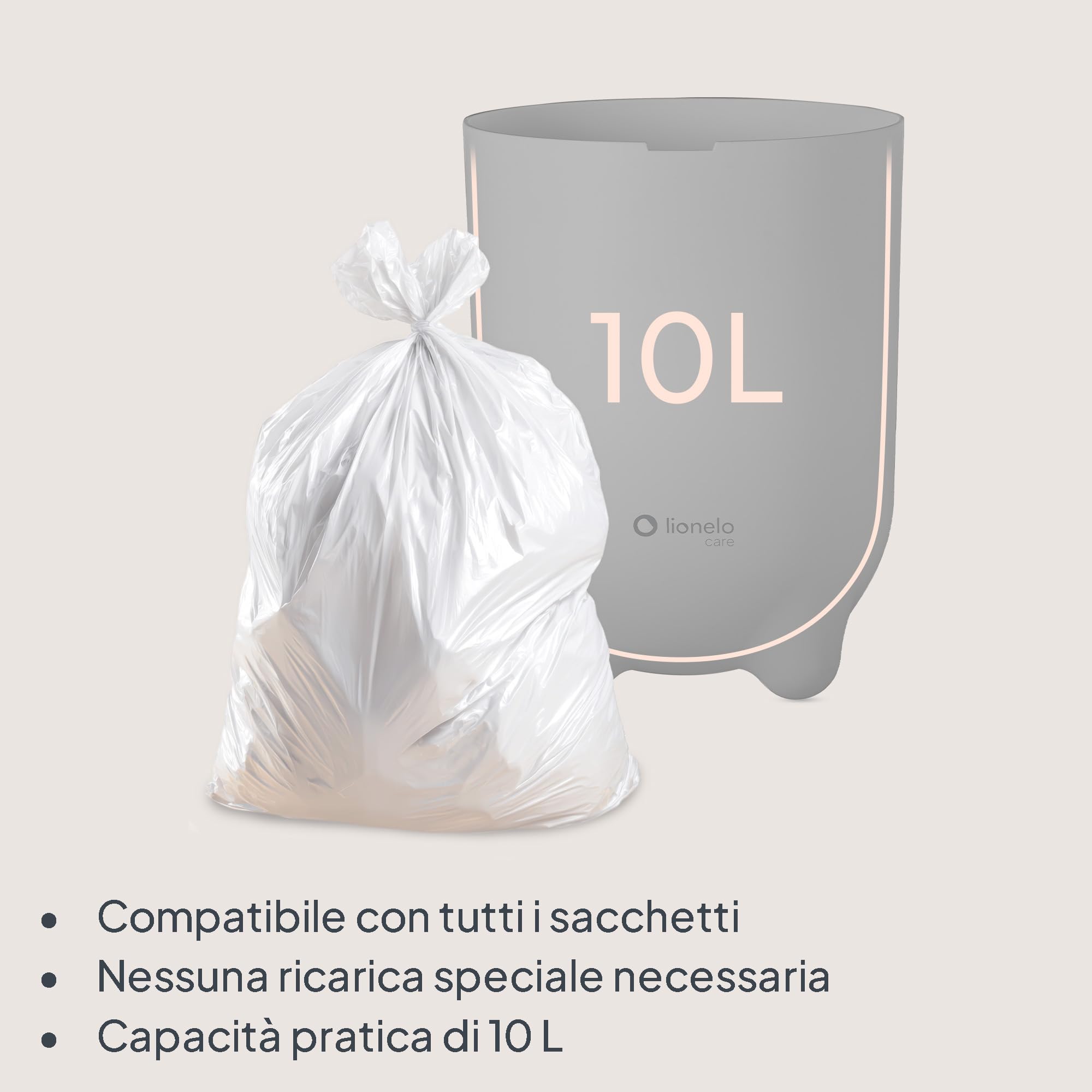 lionelo PUREBIN Mangiapannolini Universale che non lascia uscire gli odori, per sacchetti universali senza ricariche costose, bidone pannolini per neonati, uso con una mano, 10 l (Grigio)
