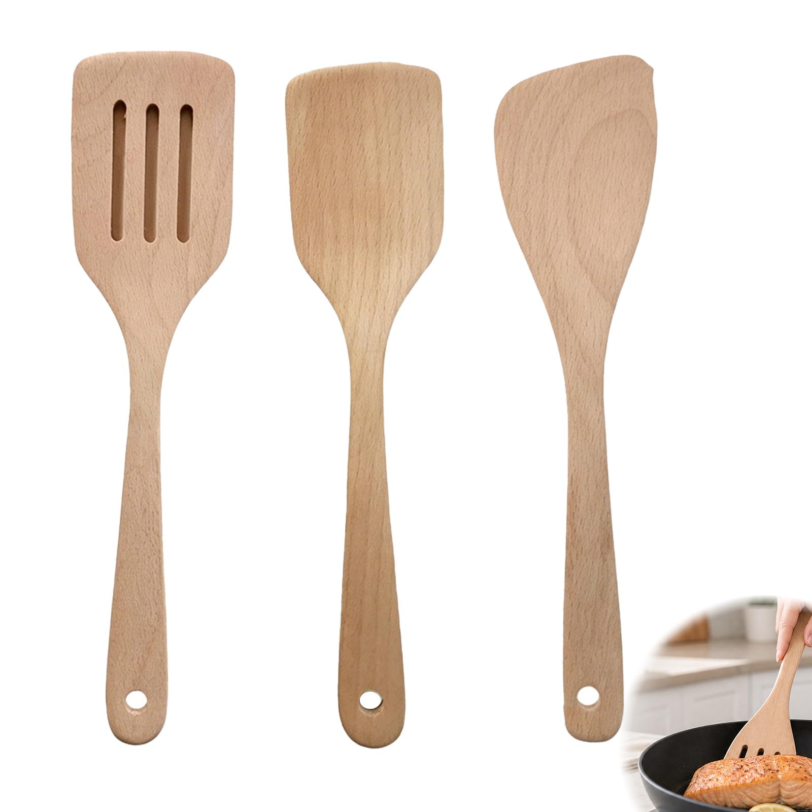 3 Pack Wooden Spatula for Cooking, Natural Solid Wood Turner and Slotted Spatula Set, Heat Resistant Long Handle Kitchen Utensils, Non Scratch Cooking Tools for Baking Nonstick Cookware