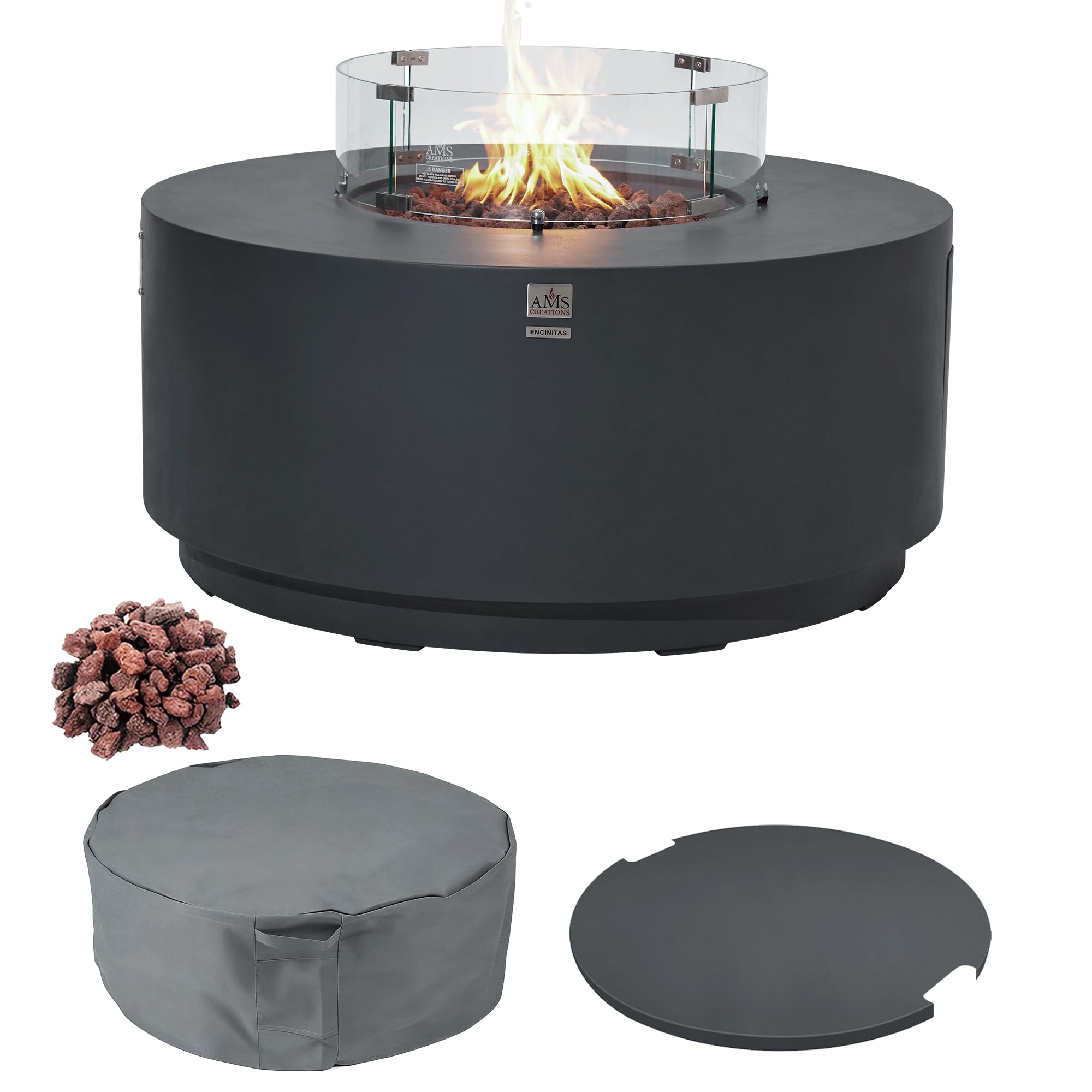 AMS Round Concrete GFRC Propane Gas Fire Pit Table Bundle (Dark Gray)