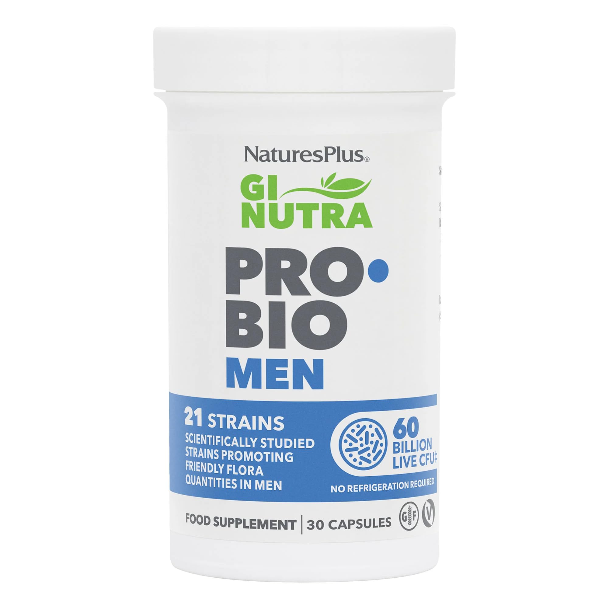 NaturesPlus GI Nutra Pro Bio Men Supplement - 60 Billion Live Cultures, 21 Bacteria Strains, with Prebiotic Fibre - Vegan, Gluten-Free - 30 Capsules