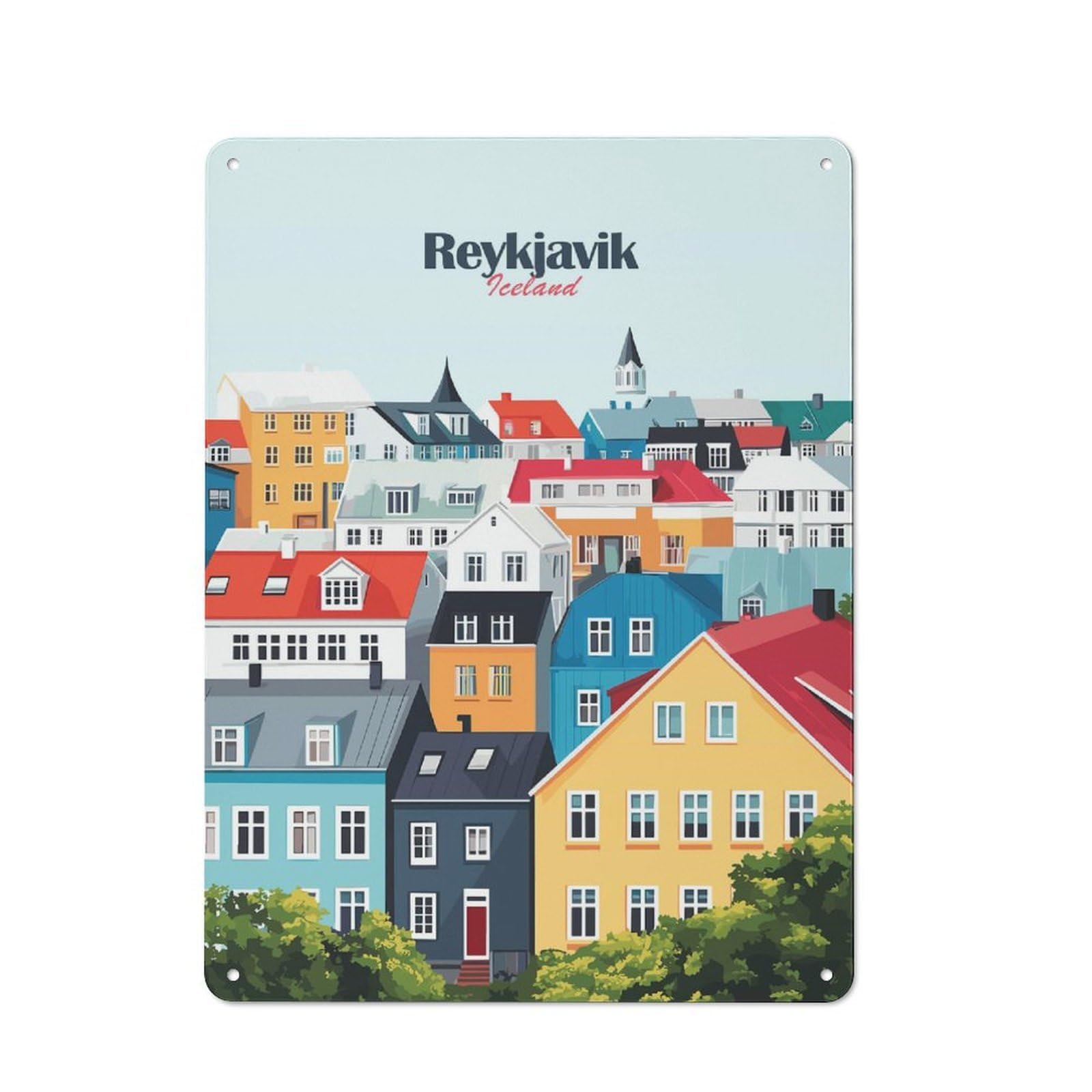 Junmoney Style-16 Reykjavik Cityscape Urban Metal Wall Decor 40X30cm, Metal Wall Art Sign For Loft, Studio, Office Or Creative Room