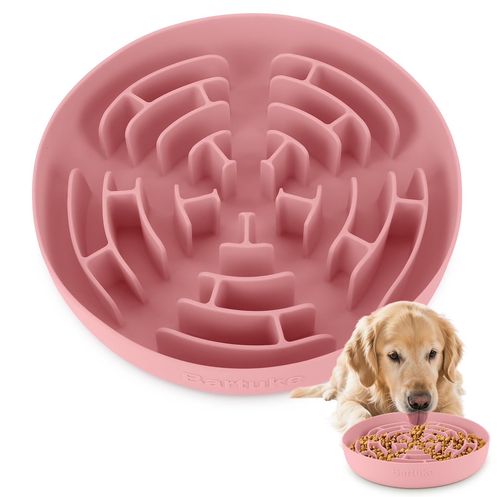 Bartuke Large Silicone Slow Feeder Dog Bowls, Washable Puppy Food Bowl with Non-slip Big Strong Suction Cup, Interactive Puzzle Feeding Bowl for Dogs & Cats, Slow Down Eating, Anti Choking (Pink)