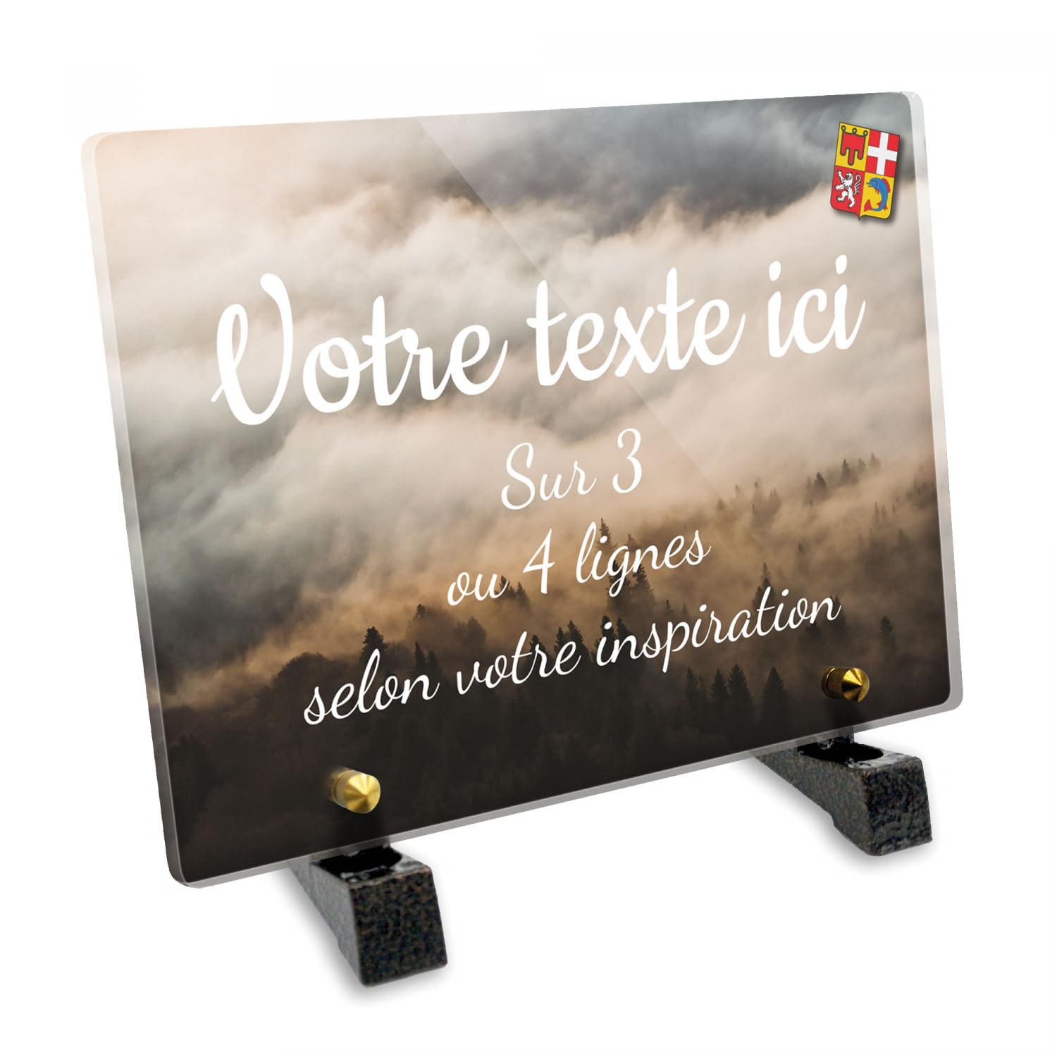 Placa funeraria rectangular personalizable en plexi patrón regional Auvernia bosque brumoso, diferentes tamaños, grosor 6mm, personalizado en varias líneas 20x15 cm