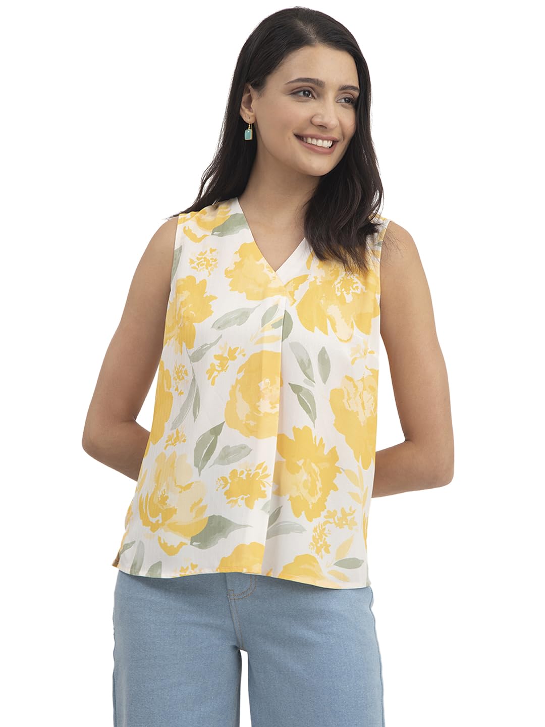 fablestreet Floral Print V-Neck Top - White and Yellow-picture-49