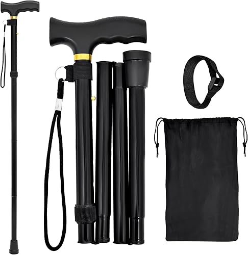 Bastón plegable para caminar, ligero, ajustable, antideslizante, portátil, con bolsa de almacenamiento y correa, adecuado para hombres, mujeres y