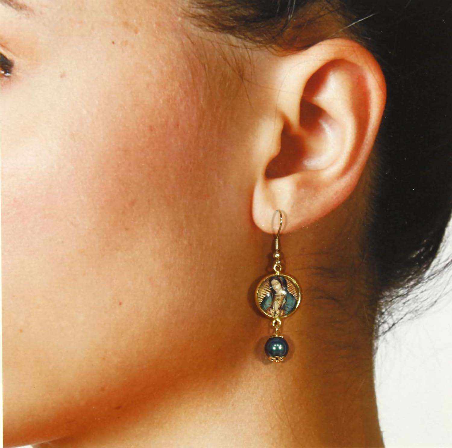 'Our Lady of Guadalupe', Cabochon Dangle Earrings with Preciosa Glass Pearl