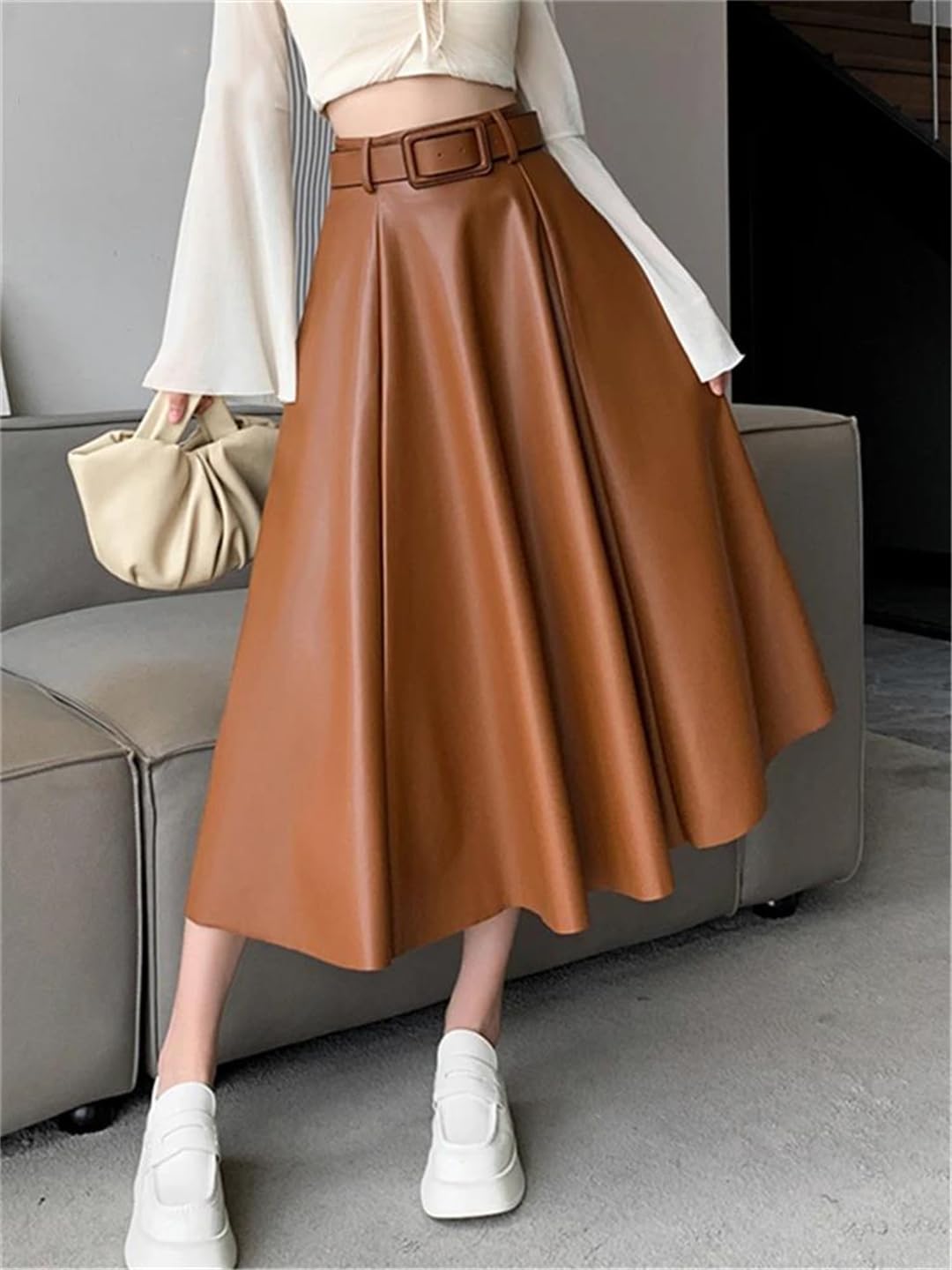 Otoño Invierno Faux PU Cuero Mujer Paraguas Falda Cintura Alta Sólido Elegante A-Line Faldas