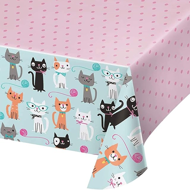 Creative Convertting PC329399 Purr-FECT Party Cute Cats Plastic Tablecover-1 Pc, Multi-Coloured