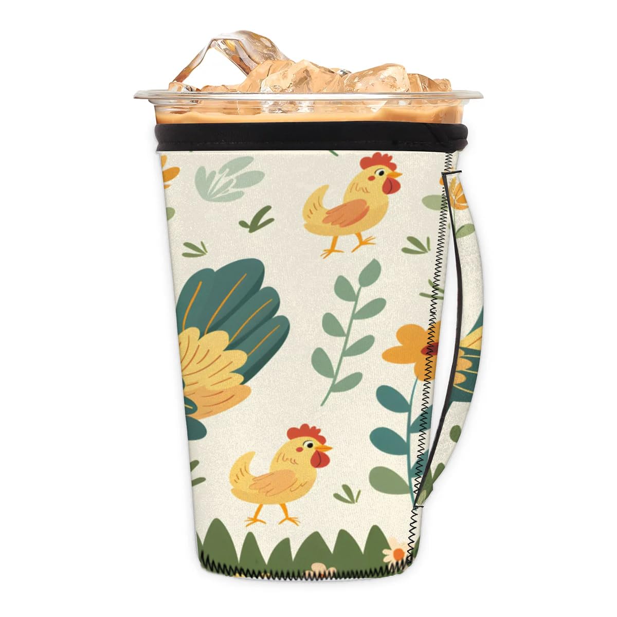 Meadow Rooster Chick Flower M Reusable Iced Insulator Coffee Sleeves Neoprene Insulated Sleeves With Handle Coffee Sleeves for Iced Coffee Cups Drinks