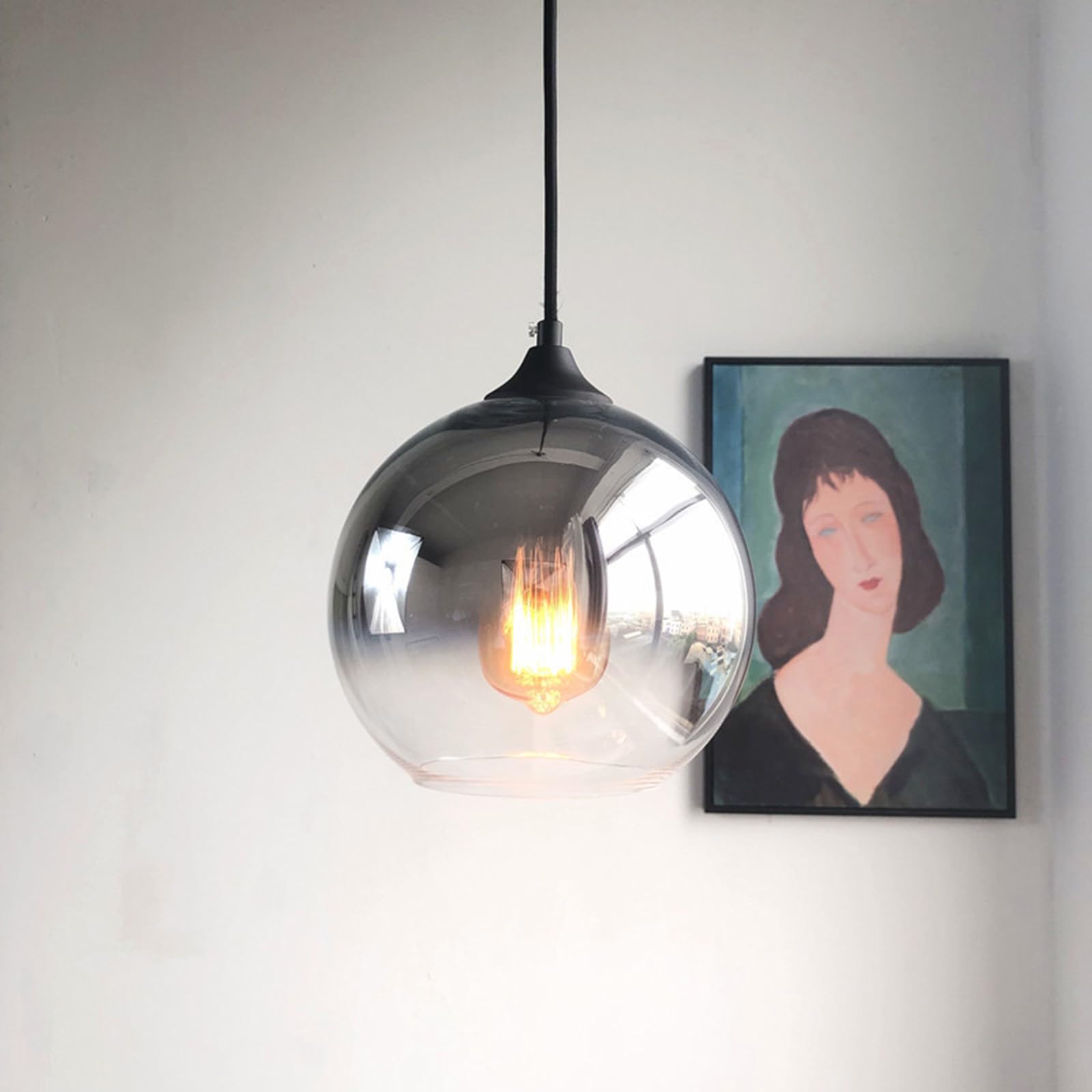 KHUKHU Modern Globe Pendant Light Mid Century Single Pendant Light Kitchen Island Metal Adjustable Hanging Light Fixture for Living Room Kitchen Island(Silver 12,30cm)