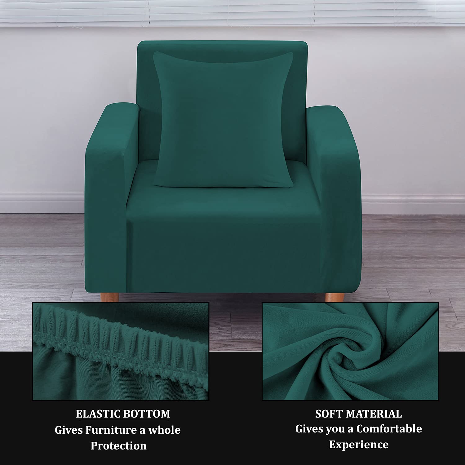 Trimming Shop Velvet Stretch Armchair Covers, Stretchy Stylish Couch Slipcovers with 2 Pillow Covers, Universal Settee Protectors for Living Room, Fitted Non-Slip Thick Covers, Turquoise, 1 Seater