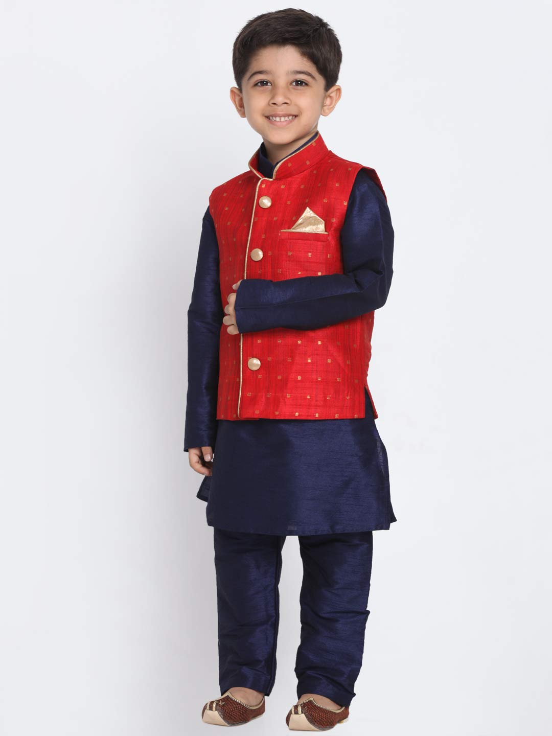 Jbn Creation Boys' Maroon And Navy Blue Silk Blend Kurta, Ethnic Jacket And Pyjama Set (Vasbj009Manbknb001Npnb, For 6-12 Months)