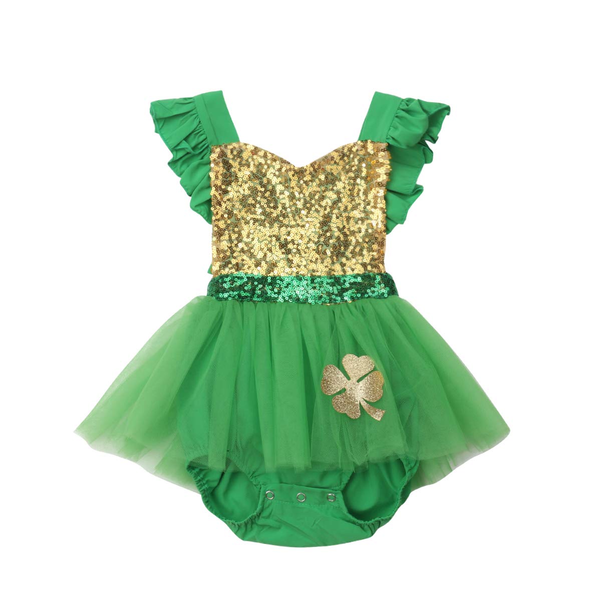 Infant Baby Girls St. Patrick´s Day Sleeveless Backless Sequins Ruffle Romper Dress Clover Tutu Skirt Sunsuit (Green, 12-18 Months)