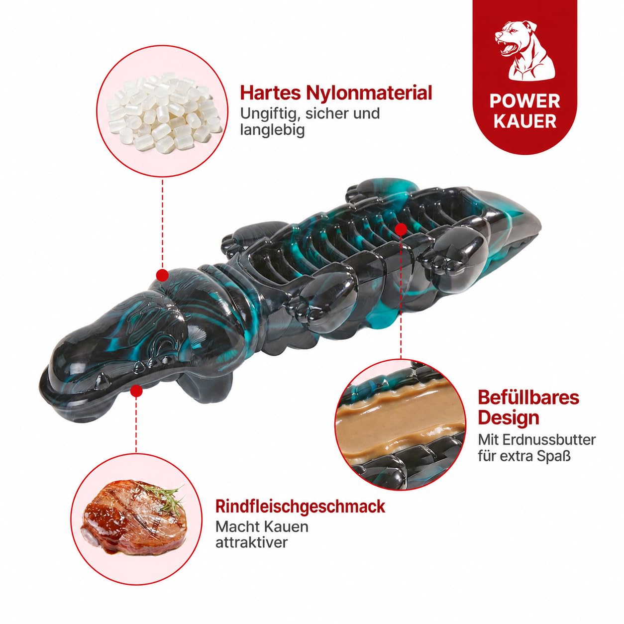 Potaroma Hunde-Kauspielzeug Krokodil, Nylon, Rindfleisch, Petrol/Schwarz | Ca. 23,6 × 7,6 × 4,6 cm; für kraftvolle Kauer ab ca. 27 kg; nicht für Welpen oder kleine Rassen; unterstützt Zahngesundheit