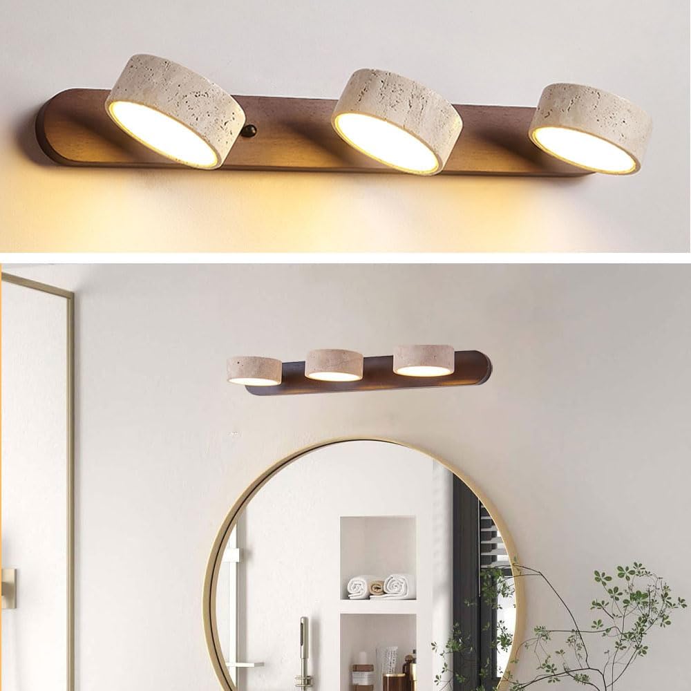 Yellow Travertine Vanity Light, 19.69" Wabi Sabi Modern Wooden Bathroom Light 360° Rotatable Natural Stone Lampshade Wall Lighting Fixture Over Mirror for Bathroom Farmhouse Home Decor 3 Lights
