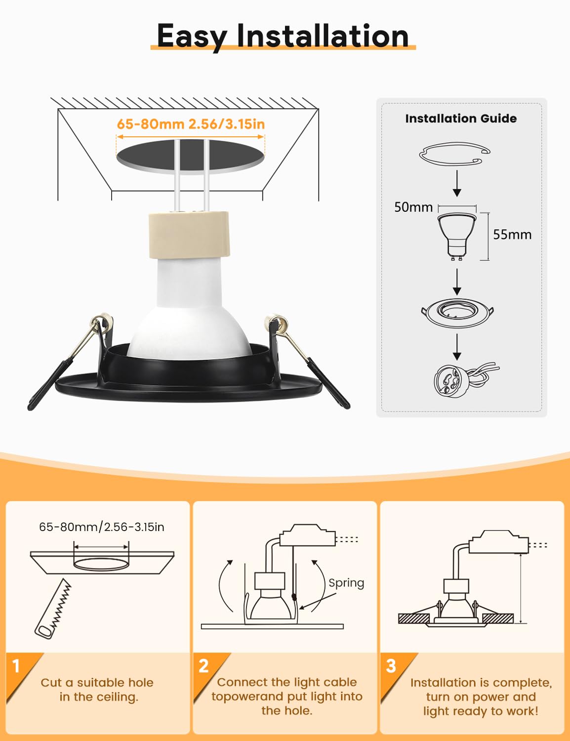Zestaw wpuszczanych reflektorów Led GU10, 10 sztuk matowej czarnej ramy montażowej z gniazdem ceramicznym GU10 do lamp, okrągłe, Ø 70 mm obracane o 30°, do lamp LED lub halogenowych