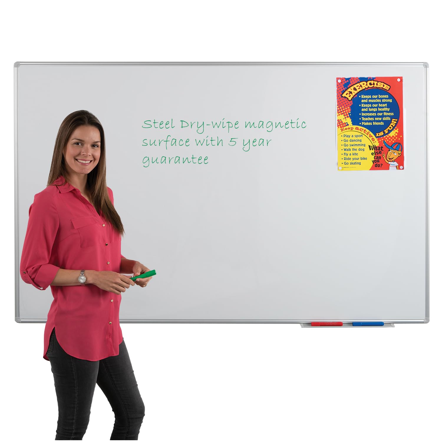 Large Magnetic Dry-Wipe Whiteboard, 120 x 180 cm, Steel Dry-Wipe Surface with Aluminium Frame & Clip-on Pen Tray - Ideal for Office, School, Training, Healthcare & Industry