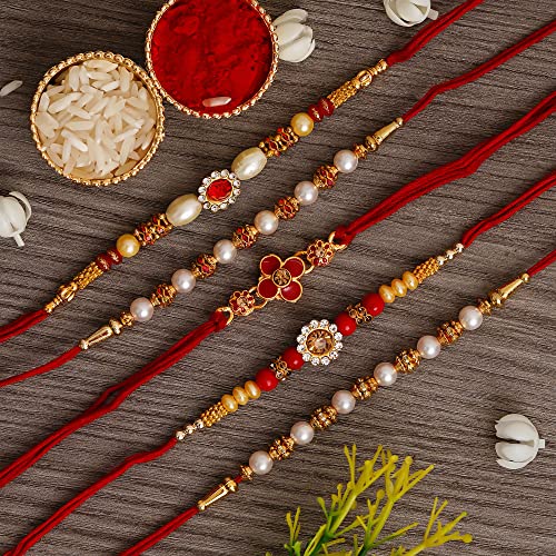 Image of eCraftIndia Green Yellow Red Beautiful Flower Kundan Designer Rakhi for Brother | Raksha Bandhan Rakhi for Bhai Bhaiya