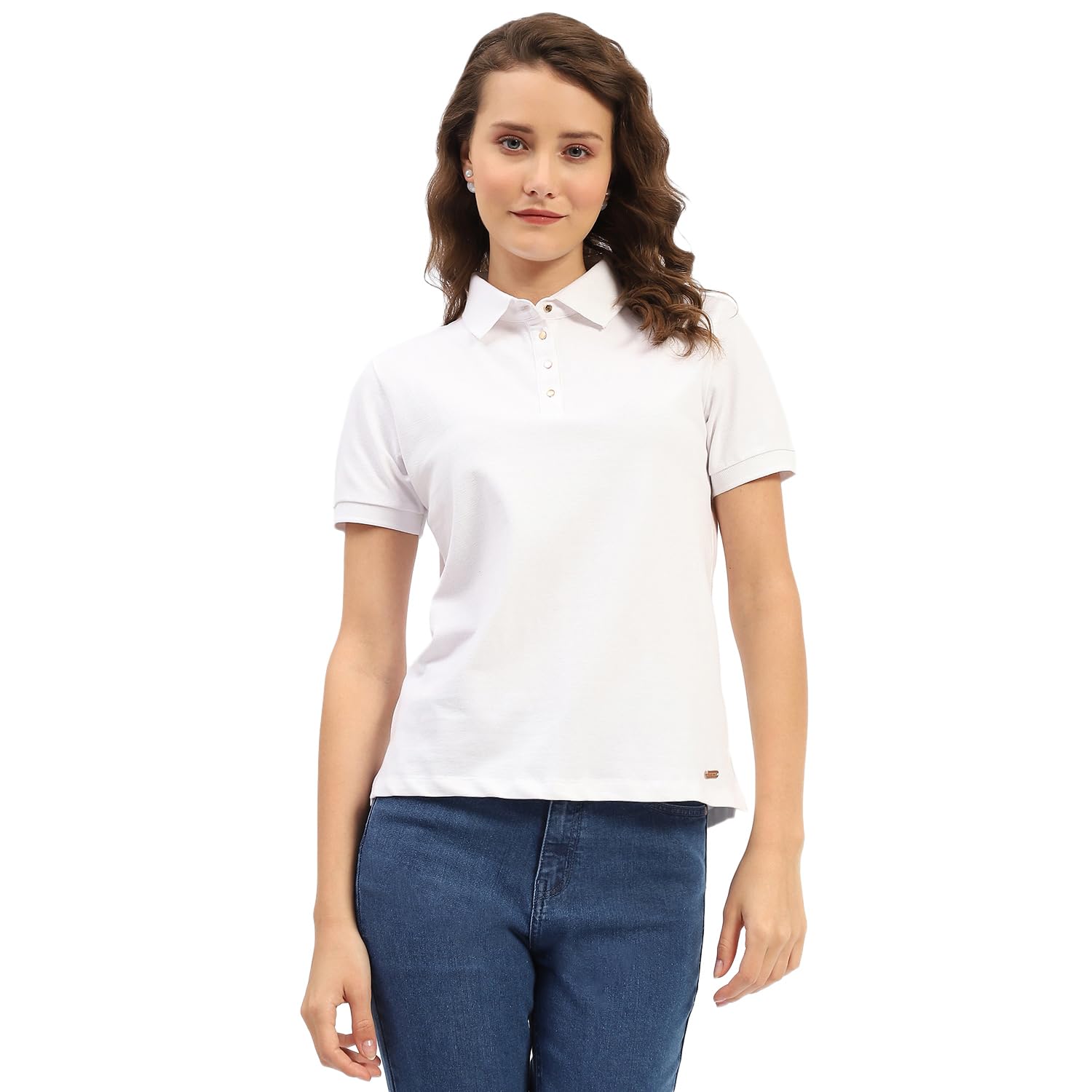 madame White Polo Neck Solid Cotton T-Shirt-picture-10
