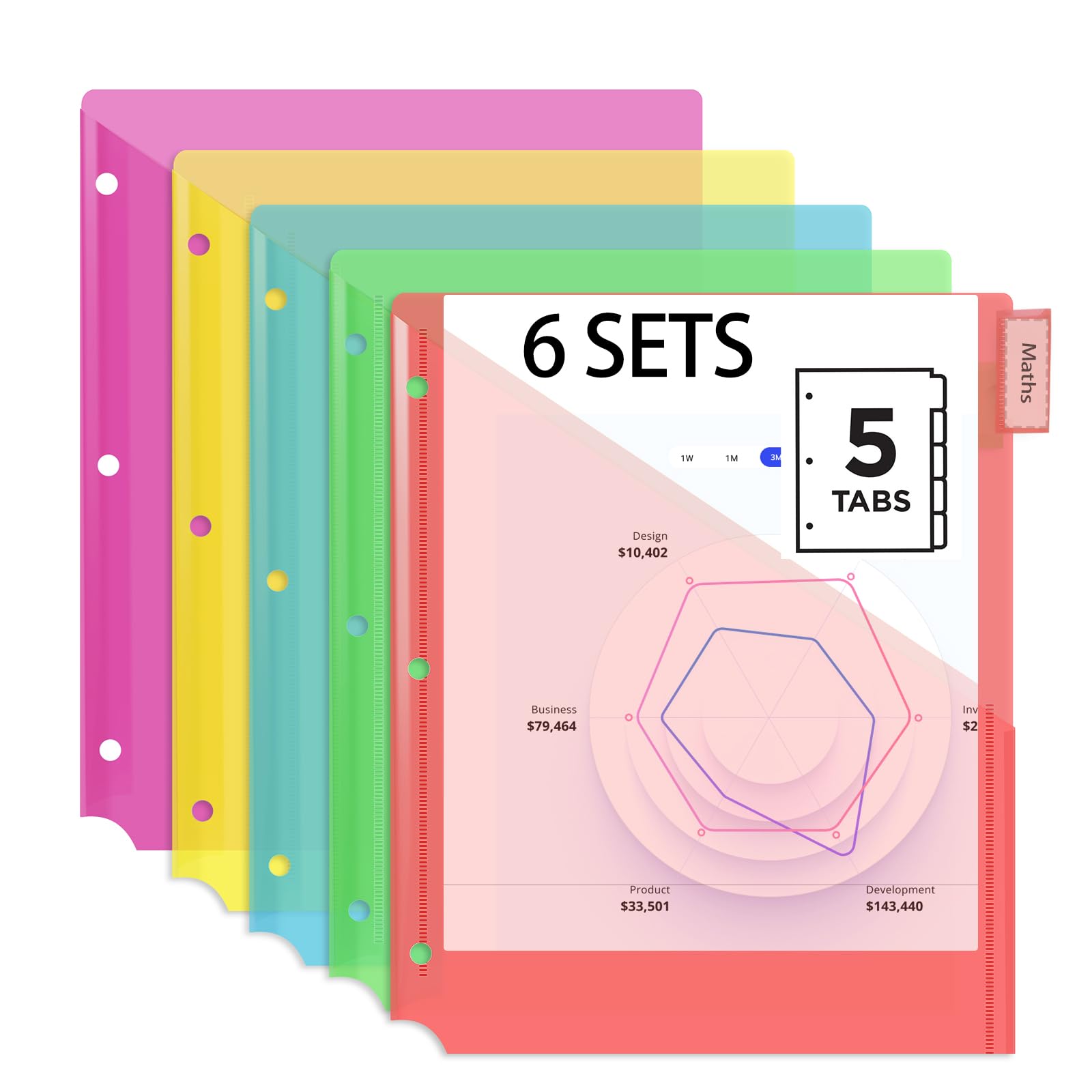 XUCHUN 5-Tab Binder Dividers,for 3 Ring Binder,Two Pocket Plastic Divider with Tabs,Letter Size,Colorful,6sets