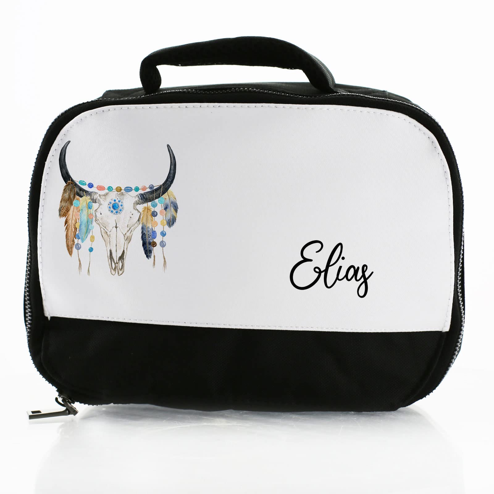Hairyworm Personalised Bag, Black and White Insulated Lunch Bag Customised with Initial/Name/Text, Cow Skull Feathers Design, Dinner Bag for School for Hot and Cold Food, Size: (18cm x 25cm x 8cm) โ image 1