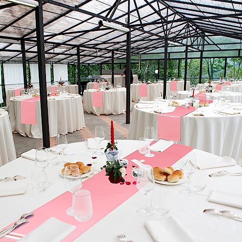Image of 12 Pack 12x108 Inch Satin Table Runner and 84 Inch Round Plastic Tablecloths Set White and Rose Gold Disposable Round Table Cover for Graduation Wedding Shower Anniversary Birthday Party Decorations