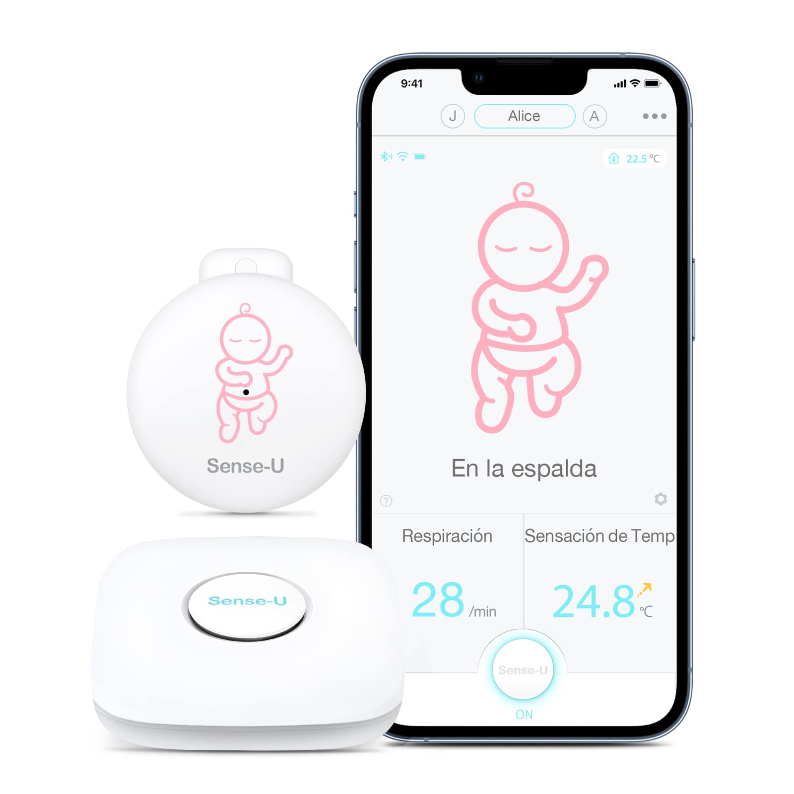 Sense-U Sensores de Monitor de bebé 3: realiza un Seguimiento del Movimiento Abdominal, la sensación de Temperatura, el Giro y la posición para Dormir de su bebé en los teléfonos Inteligentes(Rosa)