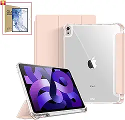 Capa Para iPad Air 4ª/5ª/M2/M3 Geração 10,9/11", Com Suporte a Caneta, Fundo Transparente para DIY/Anti Impacto/Auto Sleep/Premium Resistente Funcional (Rosa, Com Película de Vidro)