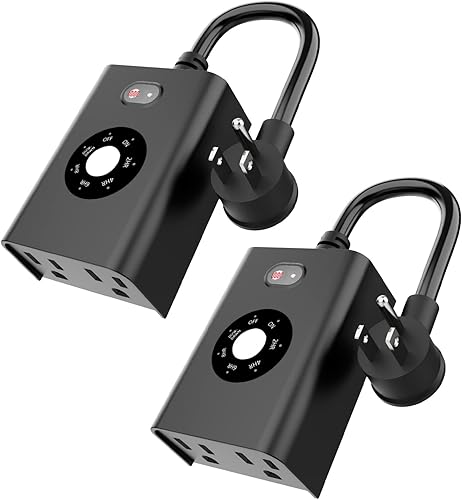 New One Paquete de 2 temporizadores de luz al aire libre, impermeables, enchufe de temporizador del atardecer al amanecer con 2 tomas de tierra,