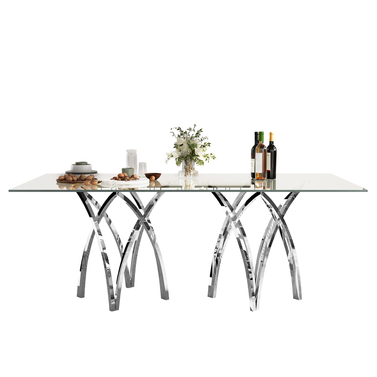 AUZ Silver and Glass Dining Table for 6-8, 78 Inch Large Kitchen Table with Silver Stainless Steel Base, Modern Rectangular Dining Room Table for Home