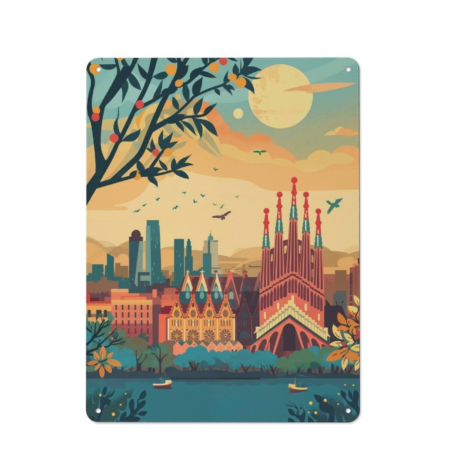 Junmoney Barcelona Skyline Friendly Metal Wall Decor 40X30cm, Decorative Metal Plaque For Tea Room, Shop Wall Or Breakfast Area