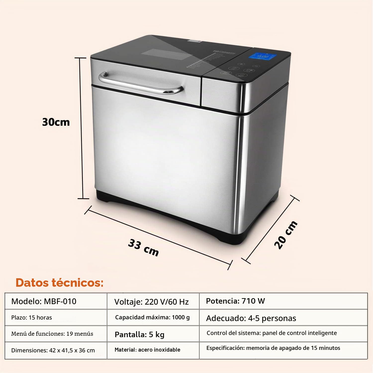 Panificadora de acero inoxidable, 19 programas de horneado, totalmente automática para 500 g, 750 g, 1000 g, 15 horas, función de conservación en caliente, 710 W
