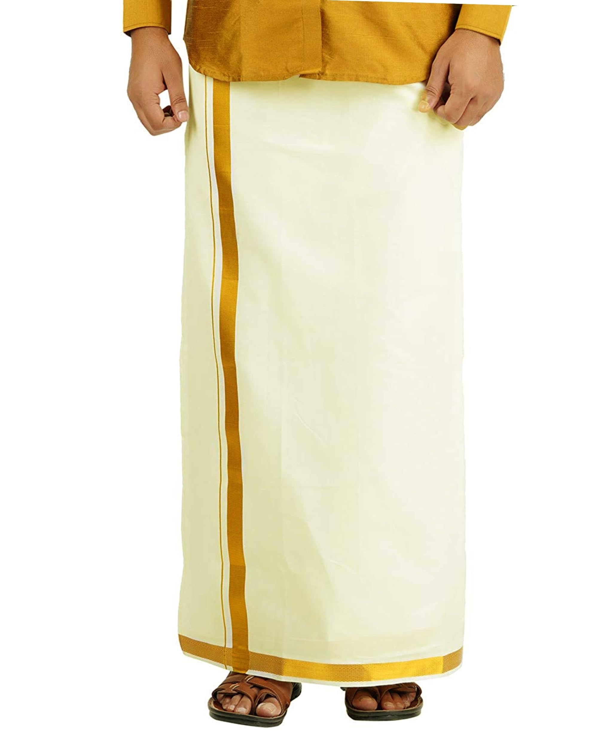Prakasam Cotton Mens Vip Cream Colour Gold Border Flexi Size Welcro Pocket Dhoti (Vip-Cream) -Small