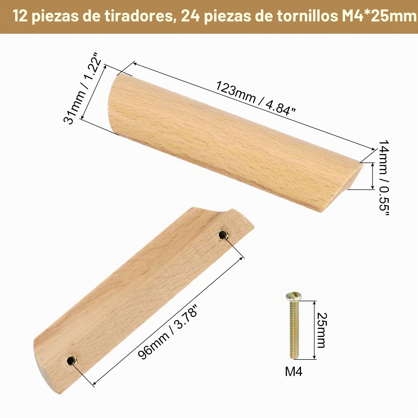 QUARKZMAN 12 Unidades de Tiradores de Cajón de Madera Distancia Entre Agujeros de 96 Mm/3.78" Pomos de Madera para Armarios de Cocina Muebles de Cajones Color Madera.