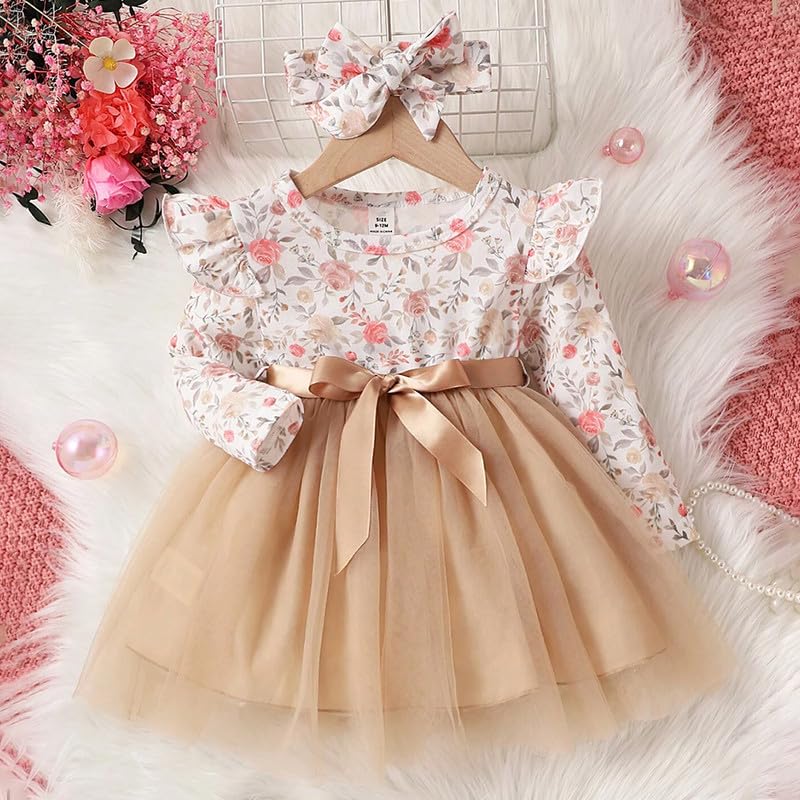 Image of Niren Enterprise Long Sleeve Printed Flower Belted Round Neck Baby Girl Frock with Knee-Length and A-Line Style