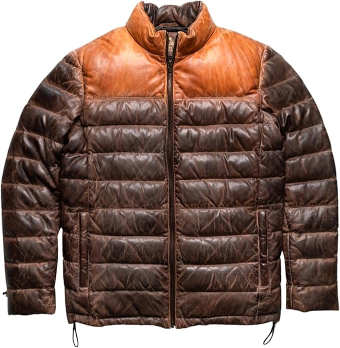 Zulin Men's Puffer Genuine Sheepskin Leather Jacket, Two Tone Puffer Down Leather Winter Jacket | Puffer Bomber Jacket