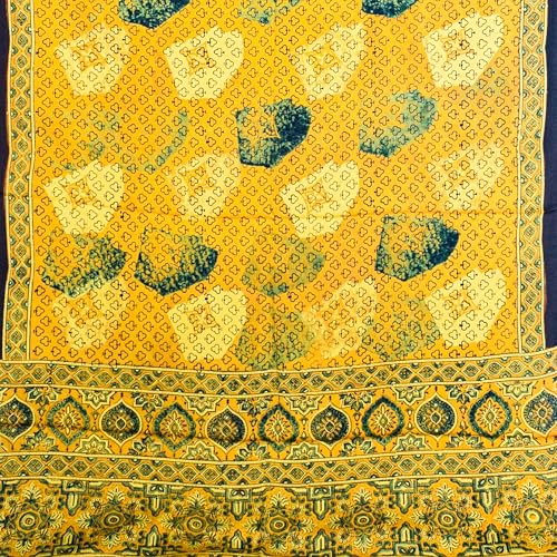 Image of Ethnics of Kutch Ajrakh Modal Silk Saree For Women | Natural Dye Hand Block Print |With Unstitched Blouse Piece | 5.5 Mtr Length (Yellow 27A01I)