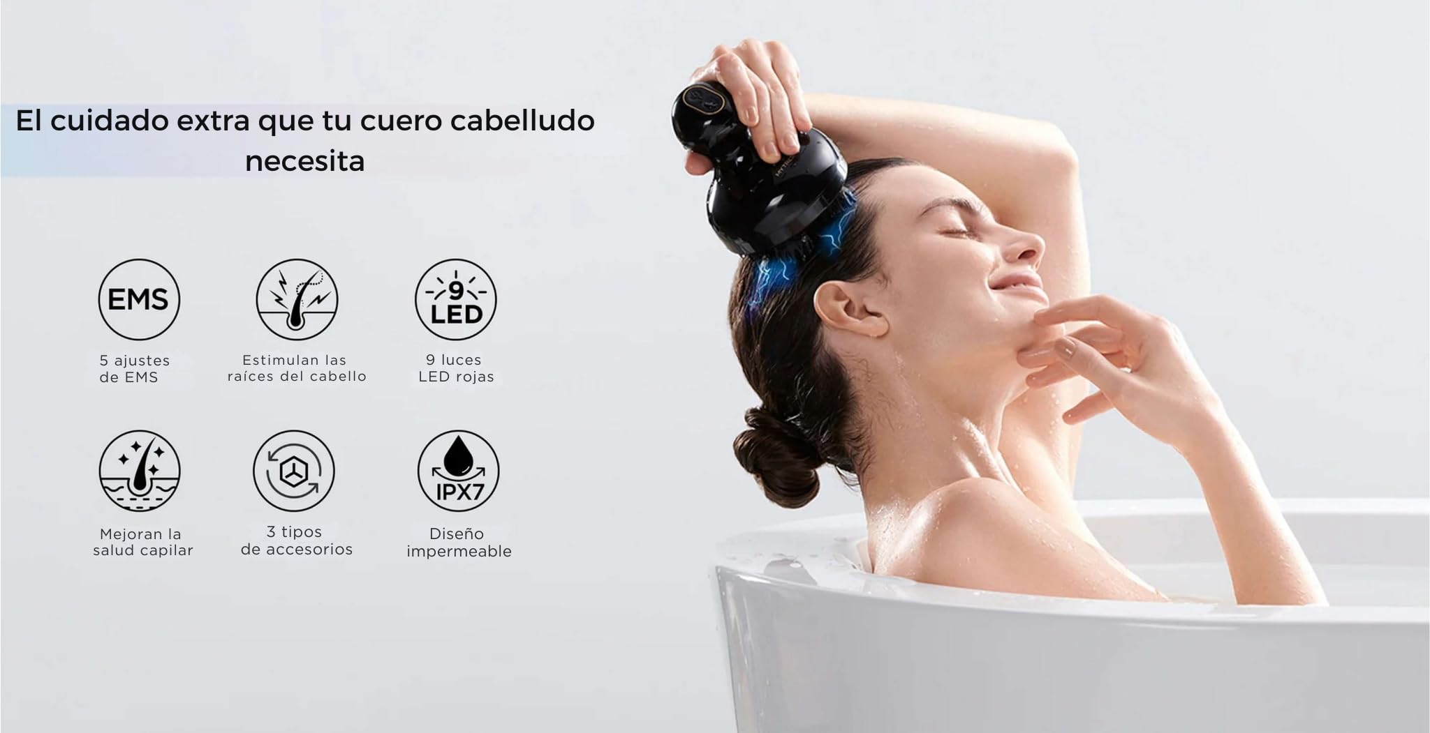 MYTREX Head Spa Pro Masajeador Facial y Capilar con EMS, Terapia de Luz Roja, 12 Accesorios, 5 Niveles, Resistente al Agua, Modelo MTEHP22B