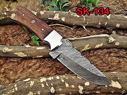 9" Long Hand Forged Damascus Steel Skinning Knife, 4.5" Full Tang Blade, Natural Rose Wood Scale with Brass Bolster, Cow Hide Leather Sheath with Belt Loop (Walnut Wood)