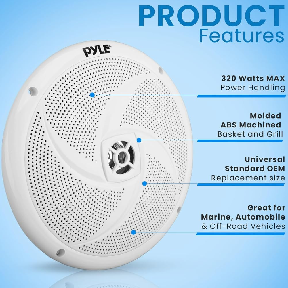Kit Set para Pyle PLMRS8W, 2 Altavoces Marinos Full Range, 8" 23,9 cm 239 mm, 160 vatios RMS, 320 vatios máx., 4 ohmios, Impermeables, para embarcaciones, Color Blanco, par + Cables Gratis